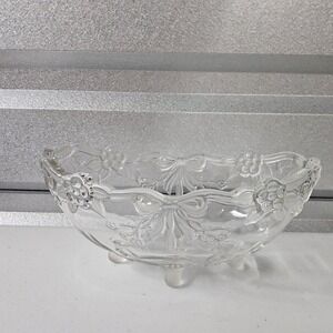 Clear Glass Footed Bowl with Embossed Floral and Ribbon Design